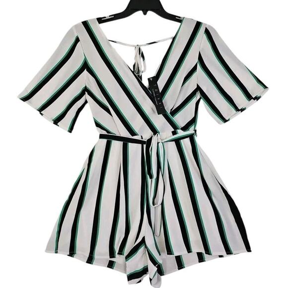 Trixxi Pants - Trixxi ~Woman Size S~ White Black/Green Stripe Short Sleeve Romper NWT.